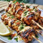 Bang bang chicken skewers glazed with creamy spicy sauce and grilled.