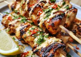 Bang bang chicken skewers glazed with creamy spicy sauce and grilled.