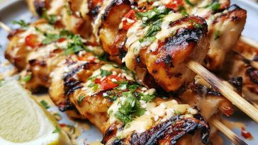 Bang bang chicken skewers glazed with creamy spicy sauce and grilled.
