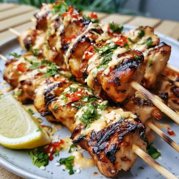 Bang bang chicken skewers glazed with creamy spicy sauce and grilled.