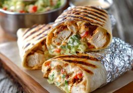 Grilled chicken burrito filled with chipotle ranch sauce, rice, and fresh toppings.