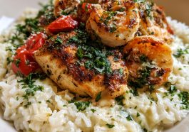 Chicken scampi served over creamy garlic Parmesan rice with herbs.