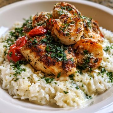 Chicken scampi served over creamy garlic Parmesan rice with herbs.