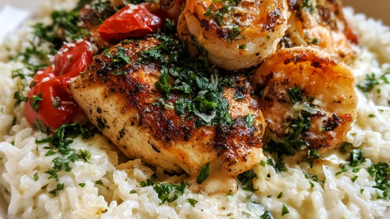 Chicken scampi served over creamy garlic Parmesan rice with herbs.