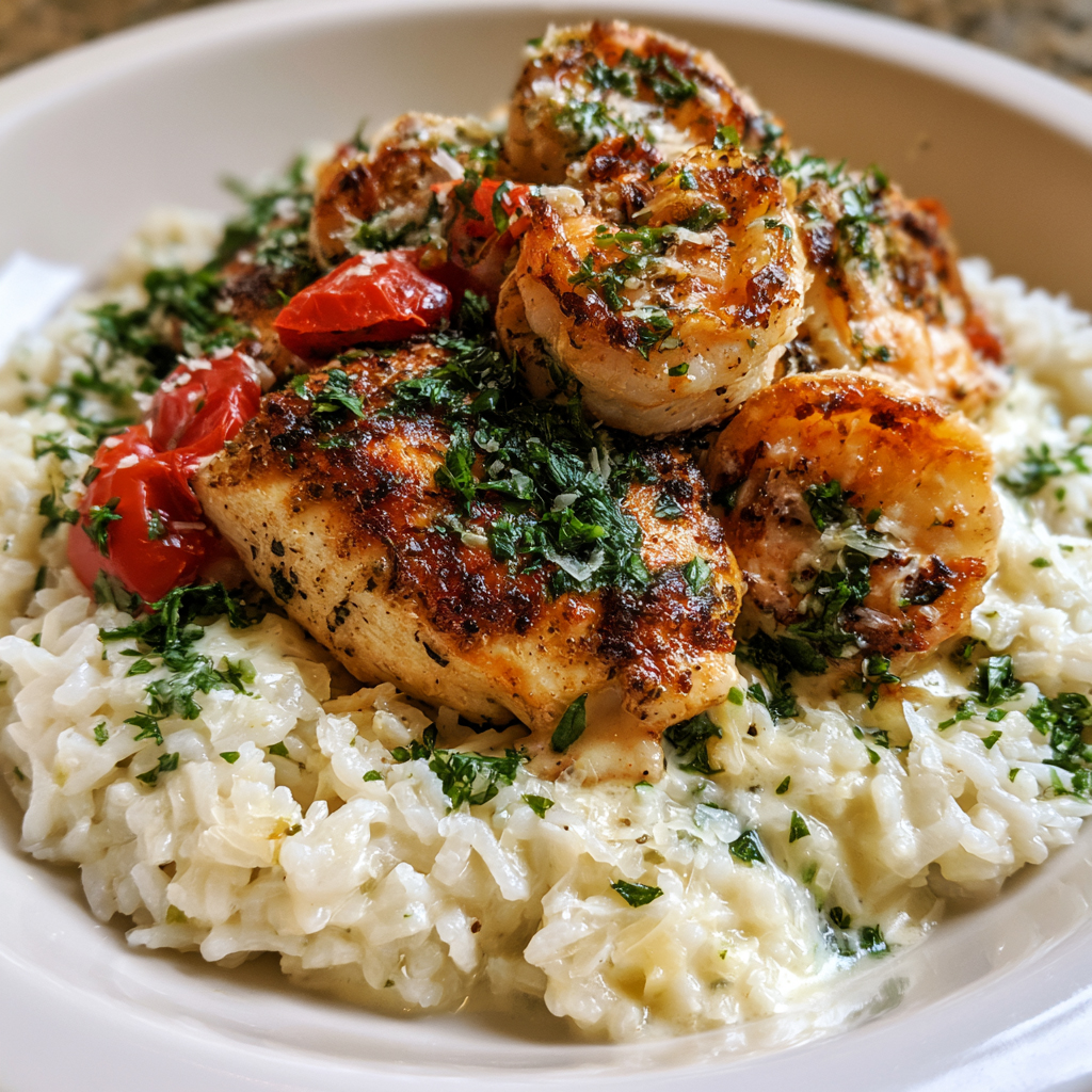 Chicken scampi served over creamy garlic Parmesan rice with herbs.