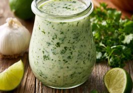 Creamy garlic lime cilantro sauce in a bowl with fresh herbs.