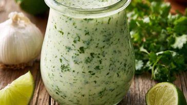 Creamy garlic lime cilantro sauce in a bowl with fresh herbs.