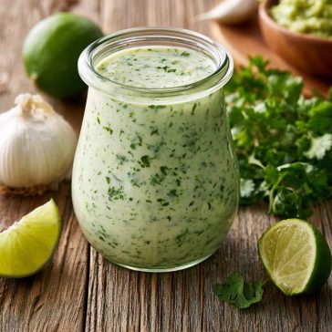 Creamy garlic lime cilantro sauce in a bowl with fresh herbs.