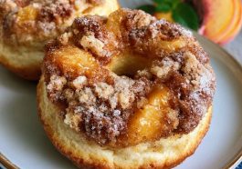 Peach cobbler cheesecake donuts topped with glazed peaches, creamy cheesecake filling, and crumb topping.