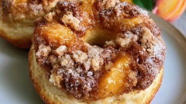 Peach cobbler cheesecake donuts topped with glazed peaches, creamy cheesecake filling, and crumb topping.