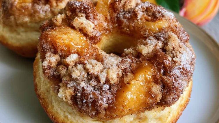 Peach cobbler cheesecake donuts topped with glazed peaches, creamy cheesecake filling, and crumb topping.