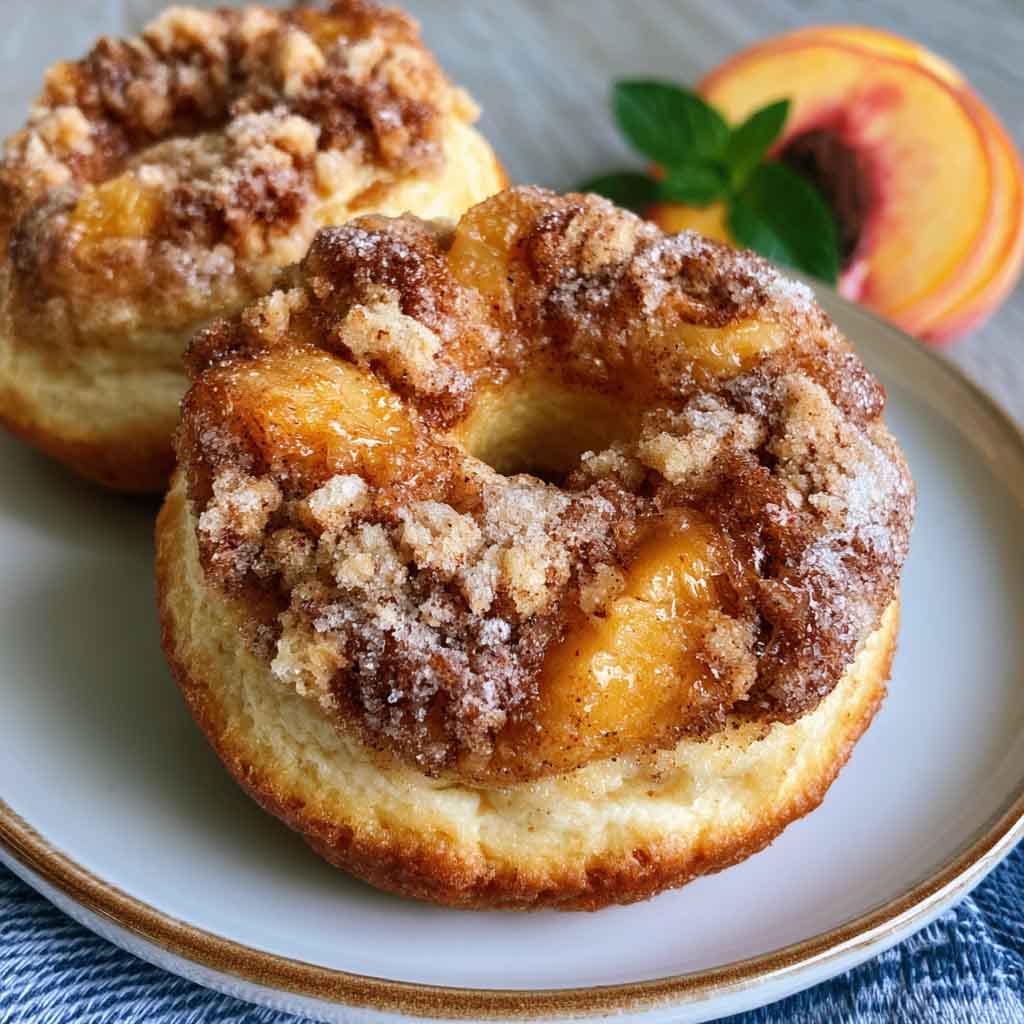Peach cobbler cheesecake donuts topped with glazed peaches, creamy cheesecake filling, and crumb topping.