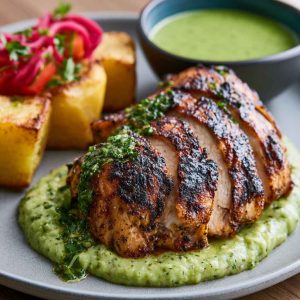 Roasted Peruvian chicken served with vibrant green sauce, crispy skin, and herbs on a plate.
