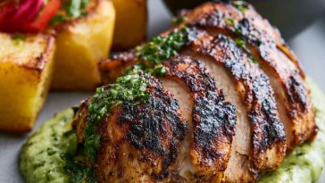 Roasted Peruvian chicken served with vibrant green sauce, crispy skin, and herbs on a plate.
