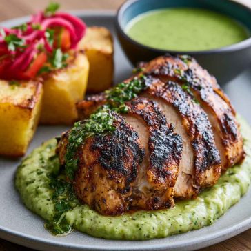 Roasted Peruvian chicken served with vibrant green sauce, crispy skin, and herbs on a plate.
