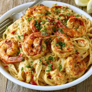 Creamy Cajun shrimp and crab pasta with tender seafood, rich sauce, and perfectly cooked pasta, garnished with parsley.