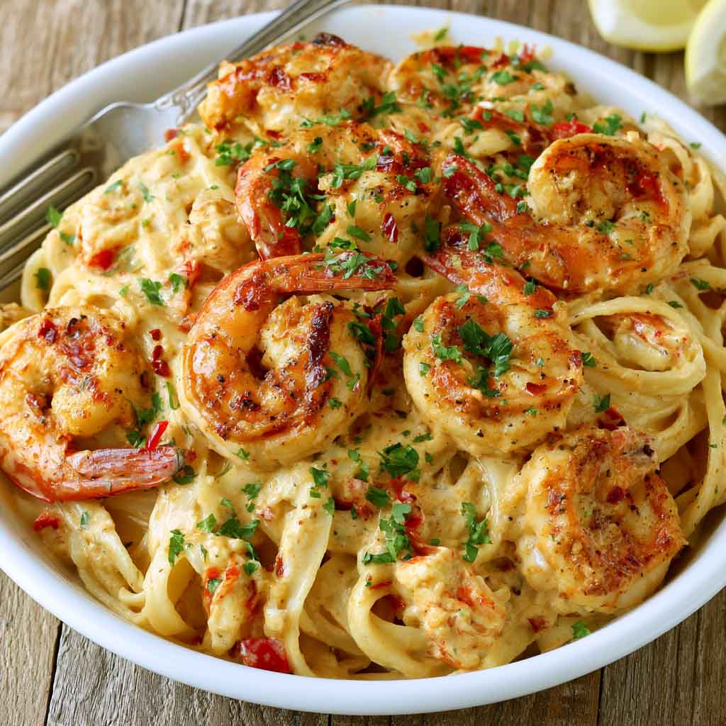 Creamy Cajun shrimp and crab pasta with tender seafood, rich sauce, and perfectly cooked pasta, garnished with parsley.