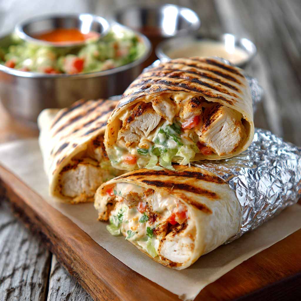Grilled chicken burrito filled with chipotle ranch sauce, rice, and fresh toppings.
