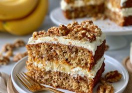 Moist banana cake with walnuts and creamy frosting, rich and fluffy.