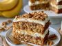 Moist banana cake with walnuts and creamy frosting, rich and fluffy.