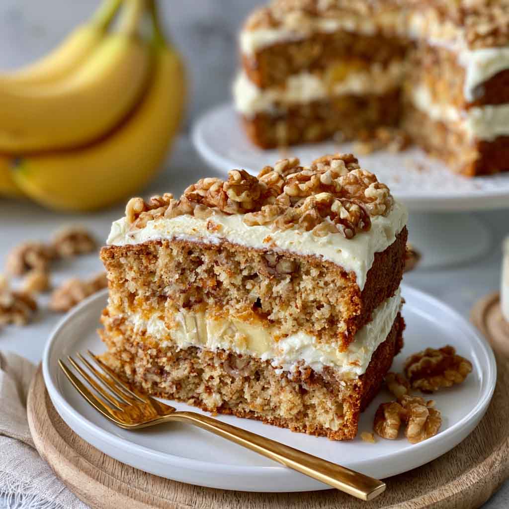 Moist banana cake with walnuts and creamy frosting, rich and fluffy.