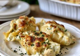 Garlic butter chicken Alfredo stuffed shells baked with creamy sauce and cheese.