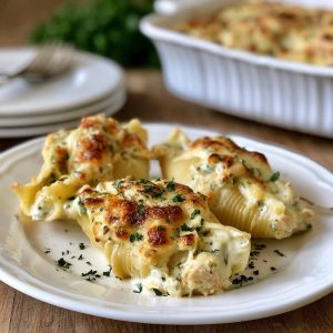 Garlic butter chicken Alfredo stuffed shells baked with creamy sauce and cheese.