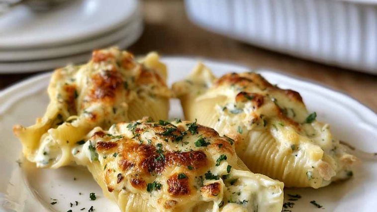 Garlic butter chicken Alfredo stuffed shells baked with creamy sauce and cheese.