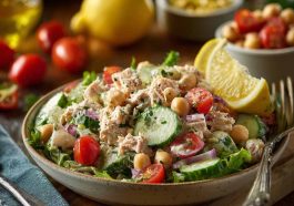 Tuna and garbanzo bean salad with fresh vegetables and light dressing.