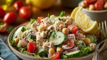 Tuna and garbanzo bean salad with fresh vegetables and light dressing.