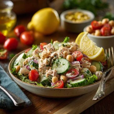 Tuna and garbanzo bean salad with fresh vegetables and light dressing.