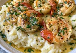 Creamy garlic butter shrimp served over fluffy mashed potatoes, garnished with fresh parsley and coated in a rich buttery sauce.