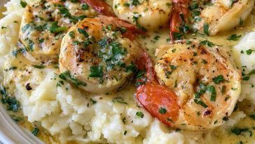 Creamy garlic butter shrimp served over fluffy mashed potatoes, garnished with fresh parsley and coated in a rich buttery sauce.