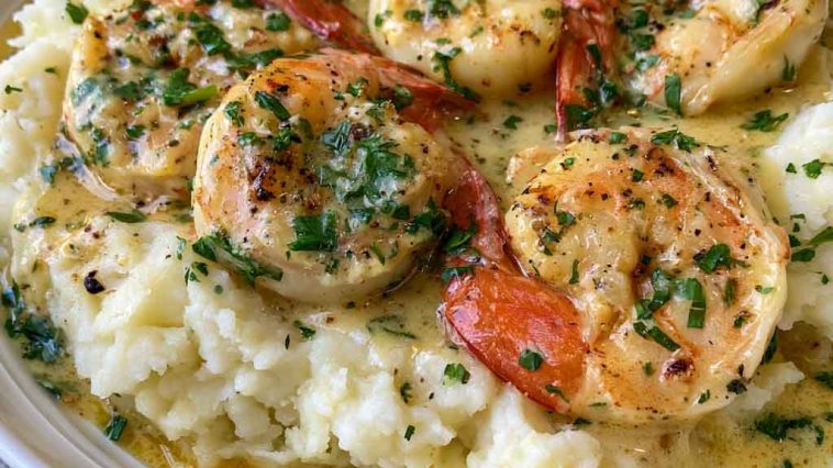 Creamy garlic butter shrimp served over fluffy mashed potatoes, garnished with fresh parsley and coated in a rich buttery sauce.