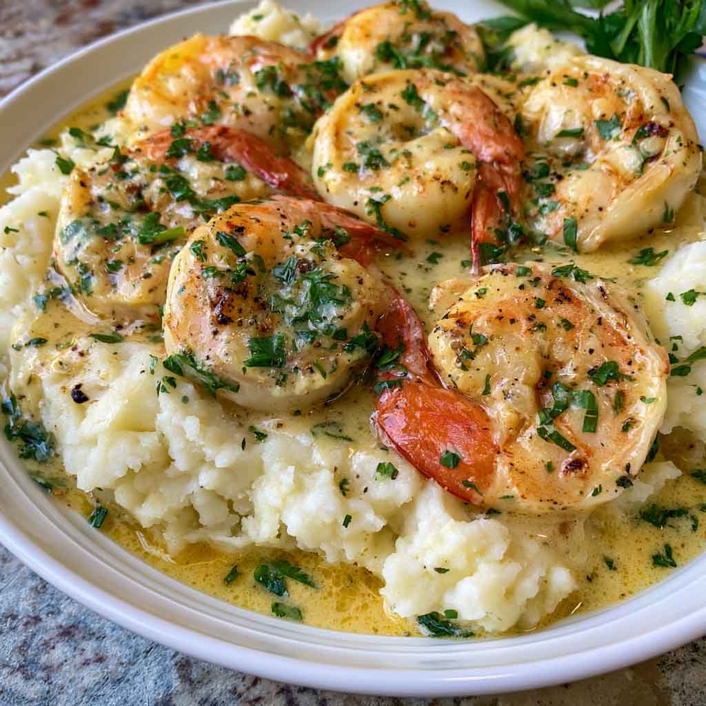 Creamy garlic butter shrimp served over fluffy mashed potatoes, garnished with fresh parsley and coated in a rich buttery sauce.