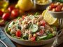 Tuna and garbanzo bean salad with fresh vegetables and light dressing.