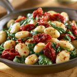 Tuscan butter beans with spinach and sun-dried tomatoes in a creamy sauce.
