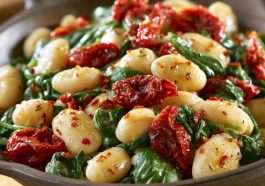 Tuscan butter beans with spinach and sun-dried tomatoes in a creamy sauce.
