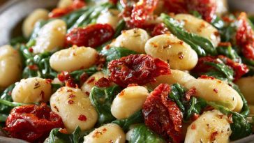 Tuscan butter beans with spinach and sun-dried tomatoes in a creamy sauce.