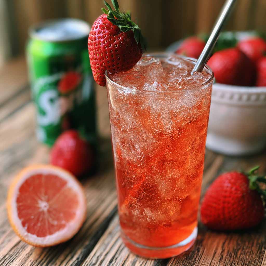 Refreshing strawberry dirty sprite drink with ice and fizzy bubbles.
