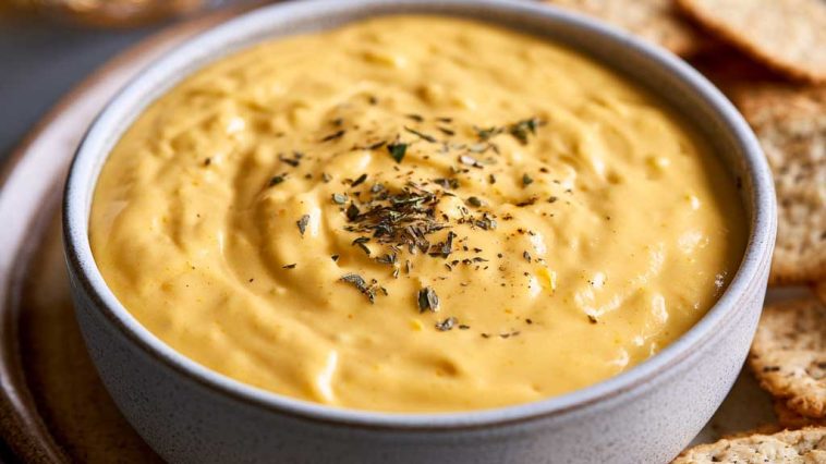 Warm creamy beer cheese dip served with pretzels for dipping.