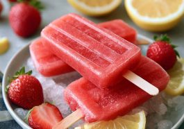 Strawberry lemonade popsicles – Bright pink frozen pops made with fresh strawberries and lemonade.
