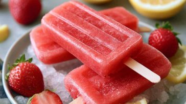 Strawberry lemonade popsicles – Bright pink frozen pops made with fresh strawberries and lemonade.