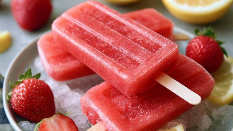 Strawberry lemonade popsicles – Bright pink frozen pops made with fresh strawberries and lemonade.