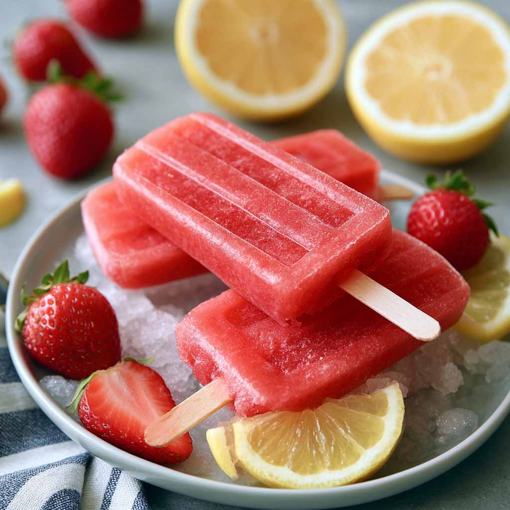 Strawberry lemonade popsicles – Bright pink frozen pops made with fresh strawberries and lemonade.