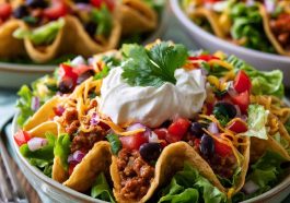 Healthy taco salad – Colorful salad bowl with beans, avocado, and tortilla chips.