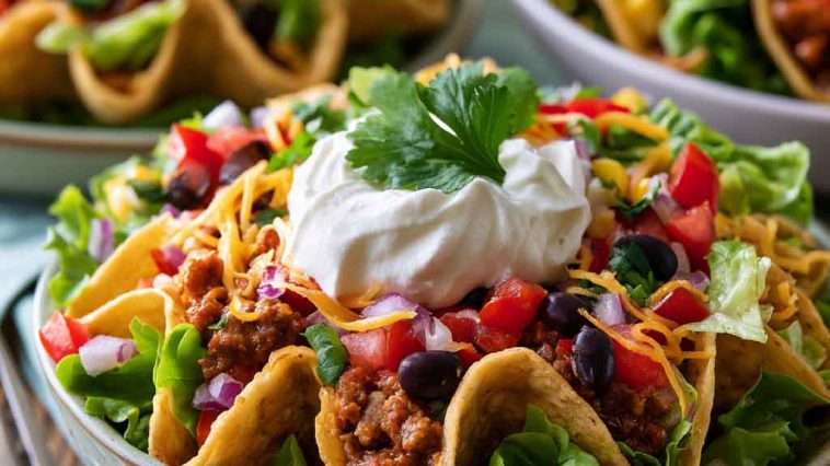 Healthy taco salad – Colorful salad bowl with beans, avocado, and tortilla chips.