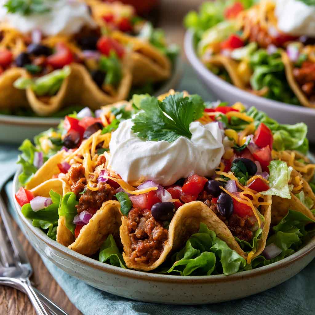 Healthy taco salad – Colorful salad bowl with beans, avocado, and tortilla chips.