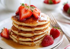 Pancake recipes – Stack of golden pancakes topped with syrup and butter.