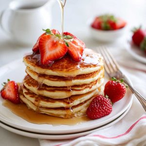 Pancake recipes – Stack of golden pancakes topped with syrup and butter.